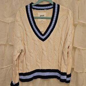 Aerie Cream and Black V-Neck Sweater with Blue Accents